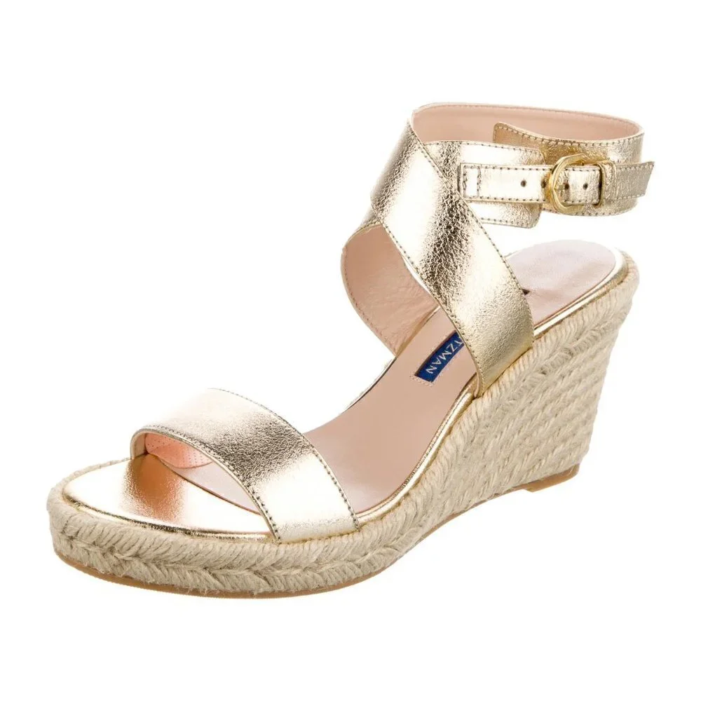 New Stuart Weitzman Lexia Gold Metallic Leather Espadrille Wedge Sandals 7 US - Picture 4 of 7